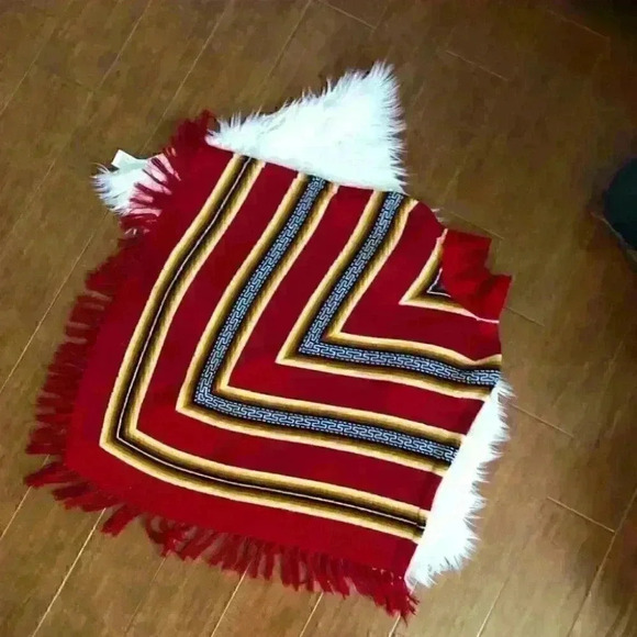 VTG 60s 70s acrylic knit chevron red poncho yellow white black with fringe - Picture 3 of 5